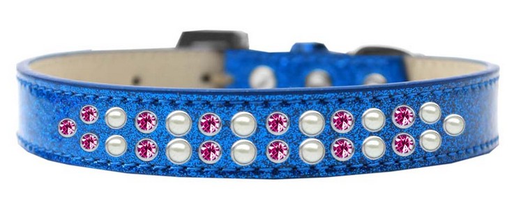 Two Row Pearl and Pink Crystal Size 16 Blue Ice Cream Dog Collar